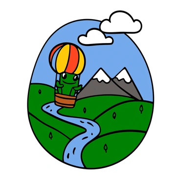A cute frog with bright green skin and big eyes is sitting in a colorful hot air balloon. The balloon has a vibrant pattern featuring red, yellow, and blue. Below, a scenic landscape unfolds with rolling green hills, a sparkling blue river winding through the valley, and a few scattered trees. In the distance, there are snow-capped mountains under a clear blue sky with a few fluffy white clouds. The frog appears cheerful, enjoying the view from above.