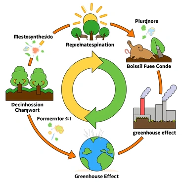 A colorful educational diagram illustrating the "carbon cycle." At the center, there is a large circular arrow representing the movement of carbon through various components. Surrounding the circle are distinct sections labeled with phrases like "Photosynthesis," "Respiration," "Decomposition," and "Fossil Fuels." Each section contains playful illustrations: trees with green leaves and sunbeams for photosynthesis, animals exhaling for respiration, soil with earthworms for decomposition, and a factory with smoke for fossil fuels. Additionally, there are icons representing the "greenhouse effect," such as a cartoonish Earth surrounded by a transparent dome, radiating heat back to the surface. The entire diagram is colorful and engaging, aimed at making the information easily understandable for students.
