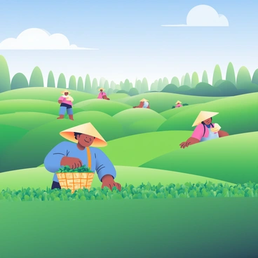 Rolling green hills of a tea plantation stretch across the landscape, dotted with neatly trimmed tea bushes in varying shades of green. Several workers are carefully picking tea leaves, wearing traditional clothing and large straw hats to shield themselves from the sun. One worker, with dark skin and a blue shirt, is placing freshly picked tea leaves into a woven basket slung over her shoulder. The sky above is bright blue with a few fluffy white clouds, casting gentle shadows on the lush hills. In the background, a distant row of tall trees frames the plantation, enhancing the vibrant greenery of the scene.