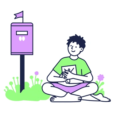A child is sitting on the ground with a hopeful expression on their face. They are holding a letter tightly in their hands, looking at it as if it holds great promise. The child has tousled hair and is wearing a colorful t-shirt and shorts. Beside them is an unopened mailbox, which has a flag in the upright position. The mailbox is mounted on a post and has a small decorative emblem on the front. The background features a grassy area with a few scattered wildflowers.