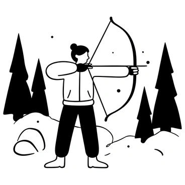 An archer dressed in winter gear, ready to aim in a snowy forest