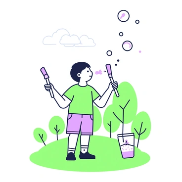 A child is standing in a grassy field, holding a bubble wand with a small container of soap solution nearby. The child has short brown hair and is wearing a bright t-shirt and shorts. The child is blowing through the wand, creating several soap bubbles that float gently into the air. The bubbles are varying in size, catching the light as they drift away with the breeze. In the background, there are a few trees swaying lightly and a clear sky overhead. The child's expression shows curiosity and delight as they watch the bubbles ascend.