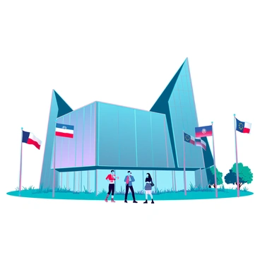 A 3D representation of the European Parliament building in Brussels, showcasing its modern architectural design with large glass facades and distinct angular shapes. The building is surrounded by a landscaped area with green grass and decorative plants. Various flags of EU countries are prominently displayed, fluttering in the wind, attached to flagpoles placed in front of the structure. The scene captures the bustling atmosphere outside, with people walking and engaging in discussions, adding vibrancy to the setting.