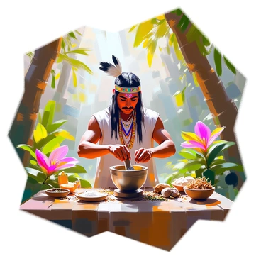 An Aztec medicine man with dark skin and traditional attire, including a feathered headdress and colorful woven garments, is meticulously preparing herbal remedies in a lush jungle setting. He is surrounded by an abundance of tropical plants, vibrant flowers, and towering trees that create a dense canopy overhead. In front of him is a wooden table covered with various herbs, roots, and a mortar and pestle. The medicine man is using the pestle to grind herbs while focused intently on his task. Rays of sunlight filter through the leaves, illuminating the scene.