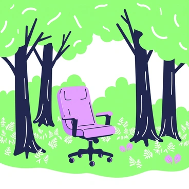 An office chair is positioned prominently in the center of a lush forest. The chair features a cushioned seat and a high backrest, with five wheels on the base. Surrounding the chair, tall trees with thick trunks and abundant leaves create a canopy overhead. Sunlight filters through the foliage, casting intricate shadows on the forest floor, which is covered with a mix of green grass and fallen leaves. Small ferns grow at the base of the trees, adding texture to the scene. In the background, hints of colorful wildflowers can be seen peeking through the greenery.
