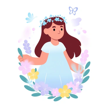 A young girl is standing in a vibrant field of wildflowers. She has a crown made of delicate blue flowers adorning her hair, which flows softly down her shoulders. The girl is wearing a light, pastel-colored dress that sways gently in the breeze. Around her, various flowers bloom in shades of pink, yellow, and purple, creating a harmonious backdrop. A few butterflies flutter nearby, adding to the lively scene.