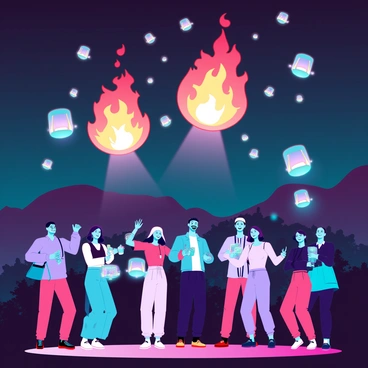 A vibrant festive ceremony taking place at night, with a diverse group of people gathered in celebration. They are joyfully releasing glowing fireballs into the dark sky, each fireball illuminating the scene with an orange and yellow hue. Lanterns of various colors and sizes float alongside the fireballs, creating a magical atmosphere. Some participants are wearing traditional attire, while others are in casual clothing, all smiling and interacting with one another. The background features silhouettes of trees and distant hills, enhancing the festive spirit of the event.