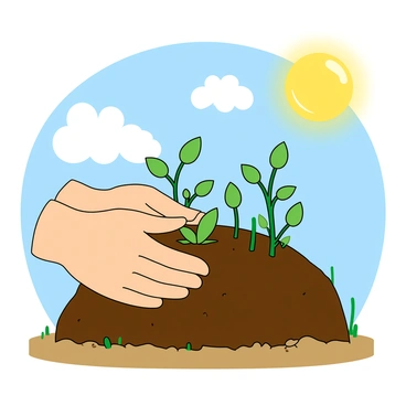 A pair of tan hands carefully planting a small green seed into a mound of rich, dark brown soil. The hands are slightly dirty from the soil, showing signs of nurturing. There are several small, healthy green sprouts visible around the seed. In the background, a bright sun is shining down, illuminating the scene, and a few fluffy white clouds are scattered in the blue sky. The soil has tiny pebbles and bits of grass mixed in, emphasizing the natural environment.