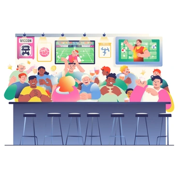 A lively college sports bar is filled with students enjoying the atmosphere. Groups of young adults are gathered at various tables, some laughing and others cheering. Several people are raising their glasses in celebration, showcasing a variety of drinks. The walls are adorned with team banners and memorabilia. A large television is mounted in one corner, displaying an exciting sports game. The bar itself is made of dark wood, with several barstools lined up in front. The lighting is warm, creating an inviting ambiance throughout the space.