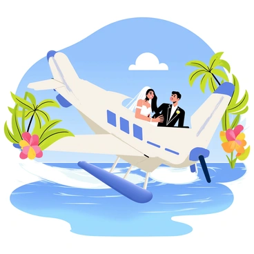 A sea plane with a bright white body and blue accents is taking off from a crystal-clear lagoon. The water reflects the vibrant blue sky, creating a stunning contrast. Onboard the sea plane, a newlywed couple is seated in the cockpit, with the bride wearing a flowing white wedding dress and the groom in a classic black suit. Their expressions are joyful as they prepare for takeoff. Surrounding the lagoon, lush green palm trees and colorful tropical flowers can be seen, adding to the idyllic setting. White fluffy clouds float in the sky, enhancing the tranquil atmosphere of the scene.