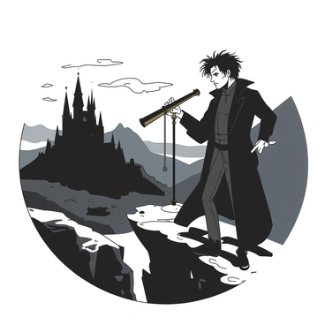 Victor Frankenstein, a man with disheveled hair and intense eyes, stands on a rocky cliff. He is dressed in a dark coat that billows slightly in the wind. In his hands, he holds a brass telescope, peering intently towards a distant castle silhouetted against the sky. The castle, with its tall spires and rugged walls, stands atop a hill surrounded by a misty landscape. The atmosphere is dramatic, with a blend of shadows and light highlighting the contours of Victor's face as he concentrates on the distant sight.