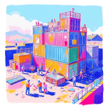 An improvised fortress is constructed from several shipping containers stacked together, forming walls and a roof. The containers are painted in various shades of blue, green, and red, showing signs of wear and rust. Metal scraps are scattered around, including twisted pieces of metal and old machinery parts, adding to the fortress's rugged appearance. There are makeshift barricades and lookout points made from wooden pallets. In the foreground, a group of individuals is working together, using tools to reinforce the structure. The scene conveys a sense of industriousness and resourcefulness.