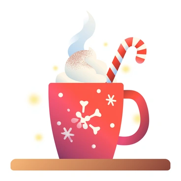 A steaming mug of hot cocoa with a candy cane stirrer and whipped cream