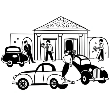 Guests stepping out of vintage cars, each vehicle showcasing intricate designs and classic detailing. The guests are dressed in elegant attire, with men in tailored suits and women in flowing gowns. Some guests are holding small bouquets of flowers, while others are adjusting their accessories. The scene is set outside a grand building adorned with decorations, creating an atmosphere of celebration and sophistication.