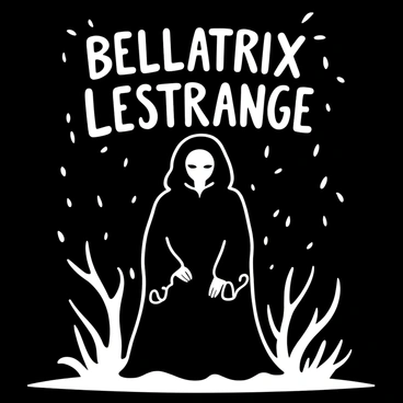 A dark, brooding figure stands in a shadowy corner, with "Bellatrix Lestrange" inscribed in an ornate font above her. Only her eyes are visible, glowing in the dim light. She wears a flowing, tattered black robe that blends into the darkness around her. Various dark, twisted branches extend from the shadows, framing her figure and enhancing the sense of foreboding. The background is a textured black, creating a stark contrast with her presence.