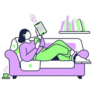 A person is lounging on a plush couch with a relaxed posture. They are holding an e-reader in their hands, focused on the screen. The e-reader displays a digital page with text. The person is wearing casual, comfortable clothing, and there is a soft blanket draped over their lap. A small table next to the couch holds a cup of tea, steam rising gently. A bookshelf is visible in the background, showcasing multiple rows of books. The lighting creates a cozy atmosphere in the room.