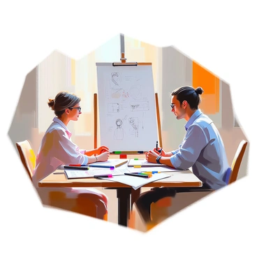 A client and an artist are seated across from each other at a wooden table. The table is cluttered with various sketches, some in pencil and others in ink, showcasing different styles and concepts. The client, a middle-aged woman with glasses and short hair, is looking intently at one of the sketches while discussing prices. The artist, a young man with long hair tied back, is nodding, holding a pen and notebook, ready to take notes. There are colorful markers scattered around the table, and a light source from a window illuminates the scene, highlighting the expressions of concentration and engagement.