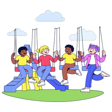 A group of children of all genders are holding hands and playing together on swings. The swings are brightly colored, with red, blue, and yellow seats. The children are laughing and smiling, their hair styled in various ways, and they are wearing casual, colorful clothing. The playground features a vibrant design, with a blue slide, a yellow climbing structure, and green grass underfoot. The sky is clear with a few fluffy white clouds, adding to the cheerful atmosphere.