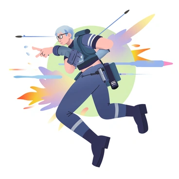 An Arknights operator with short silver hair is shown in mid-battle, showcasing remarkable agility as they dodge incoming attacks. They are wearing a sleek, tactical outfit featuring shades of dark blue and gray, with various high-tech gear attached to their waist. The operator is in an action pose, leaning to the side while their arms are extended, ready to counterattack. Their eyes are focused and determined, reflecting the intensity of the battle around them. In the background, blurred streaks indicate fast-moving projectiles and explosions, adding to the sense of motion and urgency in the scene.