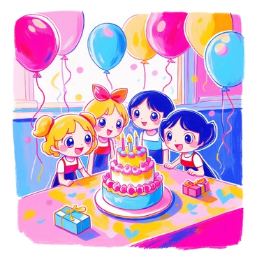 The Powerpuff Girls are gathered together in a festive setting for a birthday party. Buttercup, Blossom, and Bubbles are surrounded by colorful balloons in various shapes and sizes, floating above them. A large, vibrant birthday cake with three tiers sits on a table decorated with a bright tablecloth. The cake features colorful frosting and lit candles on top. Each of the girls has a big smile on their face, showcasing joy and excitement. Streamers hang in the background, adding to the celebratory atmosphere. There are also small presents wrapped in shiny paper placed nearby.