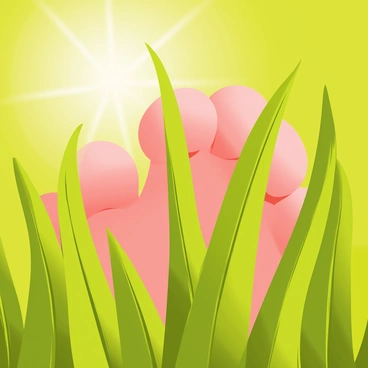 A close-up of tiny baby toes peeking through vibrant green blades of grass. The toes are soft and chubby, with a light pink hue. The grass is lush and well-defined, with individual blades standing tall around the toes. Sunlight gently illuminates the scene, casting soft shadows and highlighting the textures of the skin and grass. The background is blurred to emphasize the playful interaction between the baby toes and the grass.