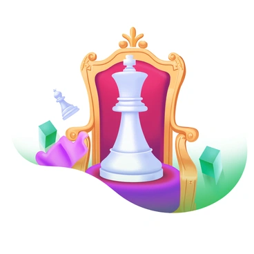 A modern pastel illustration depicting a large, elegant chess king piece sitting confidently on a luxurious golden throne. The throne is intricately designed with ornate details and glittering accents. Surrounding the throne is a rich, deep red velvet backdrop that adds a sense of regality to the scene. Soft light highlights the smooth surface of the chess piece, casting gentle shadows that enhance its majestic presence.