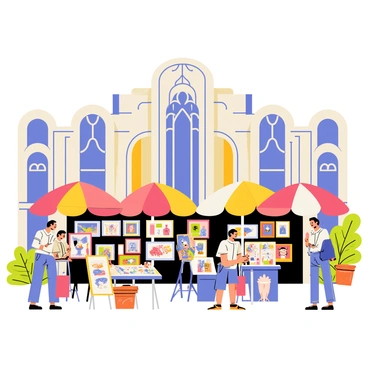 An outdoor market with colorful stalls displaying a variety of local art. Each stall features framed paintings, handmade crafts, and unique sculptures. Artists are engaging with visitors, demonstrating their creative processes. The backdrop consists of an intricate Art Deco building with geometric patterns and bold lines, providing a stunning contrast to the vibrant market scene. Bright umbrellas are scattered throughout the market, adding splashes of color against the clear blue sky.