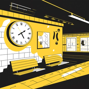 A large, round clock with Roman numerals hangs prominently on a worn, black-and-white tiled wall of an empty subway station. The clock hands point to midnight, casting elongated shadows on the tiles beneath. The platform is dimly lit, with a few yellowed light fixtures flickering overhead. Empty benches line the platform, and faded posters cling to the walls, hinting at a once-bustling environment. A distant echo of a train can be heard, emphasizing the stillness of the scene.
