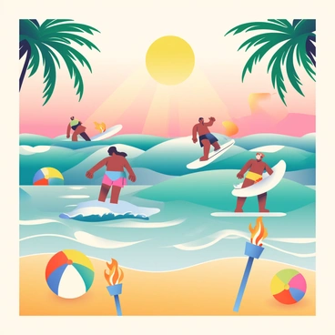 A retro beach party poster features a vibrant scene filled with surfers catching waves. The surfers, wearing colorful swim trunks, are skillfully riding the turquoise waves under a bright sun. In the foreground, several beach balls in various colors are scattered on the golden sand. There are tiki torches lining the beach, with flickering flames casting a warm glow. In the background, palm trees sway gently in the breeze, creating a festive atmosphere. The sky is painted in shades of orange and pink, suggesting a beautiful sunset.