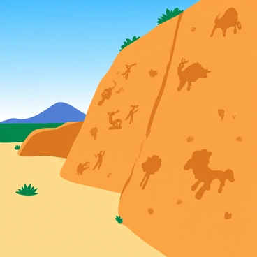 A cliff face with rugged, textured surfaces showcases ancient petroglyphs. These carvings depict various scenes and symbols, illustrating stories of the past. Some petroglyphs represent animals like bison and deer, while others show human figures engaged in activities such as hunting and dancing. The sunlight casts shadows on the carvings, enhancing their details and adding depth to the scene. The surrounding landscape features sparse vegetation and distant mountains under a clear blue sky.