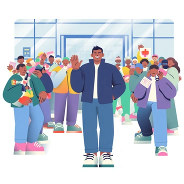 MS Dhoni, a man with short black hair and wearing a casual navy blue jacket, is arriving at an airport terminal. He is smiling and waving at a crowd of enthusiastic fans gathered near him. Photographers are positioned around him, capturing the moment with their cameras. In the background, the airport's glass entrance can be seen, with other travelers and luggage carts visible. Several fans are holding up posters and asking for autographs as MS Dhoni greets them.