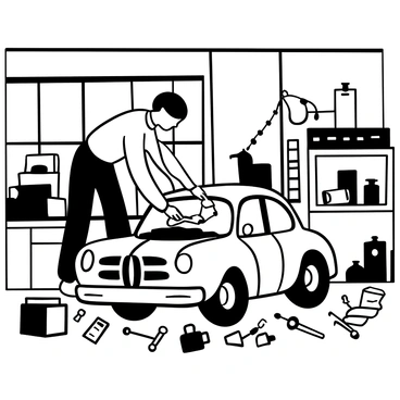 A man with short hair is bent over a vintage car, focused on repairing its engine in a cluttered garage. Tools such as wrenches and screwdrivers are scattered across a workbench, while various car parts are strewn around the floor. A large window allows light to stream in, illuminating the room filled with old oil cans and boxes. An unfinished project is visible in the background, adding to the lively atmosphere of the space. The car has an emblem on the hood and distinctive rounded features that suggest its classic design.