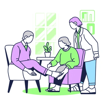 A kind caregiver with short hair and wearing a light-colored shirt is gently giving foot reflexology to an elderly person sitting in a comfortable chair. The elderly person has gray hair and is wearing a cozy sweater, visibly relaxing as the caregiver works on their feet. Sunlight streams through a window, casting warm light across the room. A potted green plant is placed on a nearby table, and a small bookshelf filled with books is visible in the background. A soft rug covers the floor beneath them.