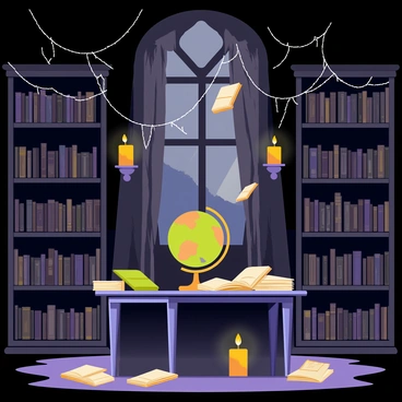A haunted library with tall, dark wooden shelves filled with old, dusty books. The library is dimly lit, with flickering candles casting shadows on the walls. Several books are floating in mid-air, their pages flipping open as if being read by an unseen force. A thick layer of cobwebs hangs in the corners, and there is a large, ornate window partially covered by tattered drapes, letting in a sliver of moonlight. An ancient globe sits on a table in the center, surrounded by a few scattered, unopened letters.