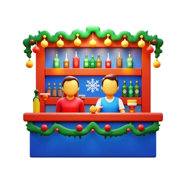 A festive holiday bar adorned with colorful Christmas lights twinkling brightly. The bar is decorated with an array of ornaments, including shiny baubles in red, gold, and green. There are garlands draped across the bar counter and hanging from the ceiling, adding to the festive atmosphere. On the bar shelves, there are bottles of drinks with snowflake patterns on the labels. A cheerful bartender is mixing drinks, while patrons enjoy the holiday spirit.