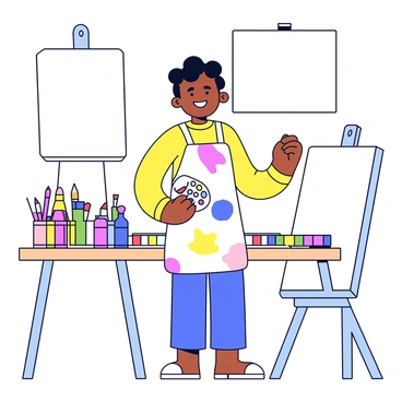 An illustration of a young artist's journey, surrounded by brushes and art supplies