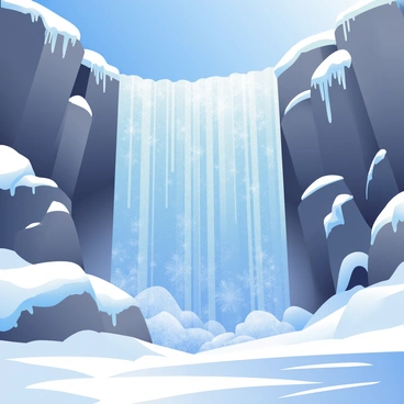A majestic frozen waterfall cascades down a rocky cliff, its icy surface sparkling under the bright sunlight. The water has crystallized into intricate formations, creating a shimmering effect. Surrounding the waterfall are rugged, icy rocks, glistening with frost. A blanket of fresh, white snow covers the ground, reflecting the sunlight and enhancing the scene's brilliance. The overall atmosphere conveys the beauty of winter, with the luminous ice contrasting sharply against the deep blue sky above.