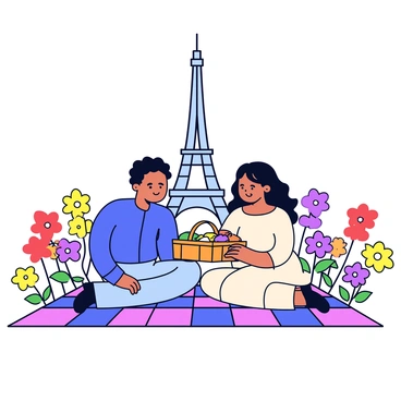 A couple sitting on a checkered picnic blanket, sharing a picnic basket filled with various foods. The man has short, dark hair and is wearing a blue shirt, while the woman has long, wavy hair and is dressed in a light-colored dress. In the background stands the Eiffel Tower, tall and iconic against the sky. Surrounding them are vibrant blooming flowers in various colors, including red, yellow, and purple, creating a lively atmosphere around the picnic scene.