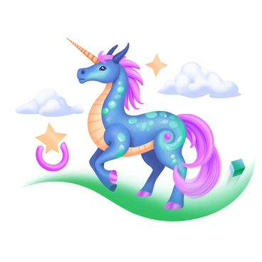 A modern pastel illustration featuring a "mythical creature" that combines elements of both a "dragon" and a "unicorn." The creature has "scales" adorned with "glittering pastel colors" that shimmer in the light. It has a "spiraled horn" on its forehead, surrounded by "flowing mane" and "tail" that swirl with shades of pink, blue, and lavender. The creature stands majestically on a stylized grassy hill, with "gentle clouds" and "softly glowing stars" in the background, adding a dreamy atmosphere to the scene.