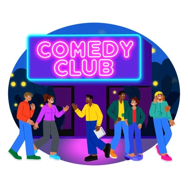 A bright neon sign that reads "Comedy Club" in bold, colorful letters. The sign is illuminated with vibrant pink and blue hues, casting a colorful glow on the surrounding area. In front of the sign, a diverse group of people is walking towards the entrance of the club, laughing and chatting. The scene captures the excitement of an evening out, with some people dressed casually while others are in smart attire. The background features softly blurred streetlights and trees, enhancing the lively atmosphere.