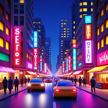 A bustling city street at night filled with activity. Bright neon signs in various colors illuminate the surroundings. People are walking along the sidewalks, some chatting and others using their phones. Cars are driving past, their headlights casting light on the pavement. Skyscrapers tower above, their windows reflecting the colorful lights of the neon signs. Street vendors can be seen, with food carts offering various snacks. The atmosphere is lively and dynamic, capturing the essence of urban nightlife.