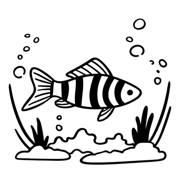 A zebrafish swimming gracefully through the water, with its distinctive stripes clearly visible. The fish is surrounded by a series of bubbles rising to the surface. There are aquatic plants in the background, creating a sense of underwater depth. The water is filled with various shapes and patterns, enhancing the dynamic movement of the fish.