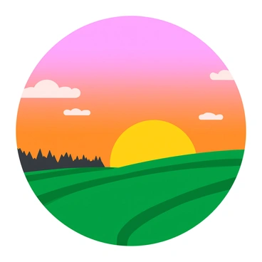 A vast field stretches out under a "hazy sunset." The sky is filled with "warm colors" such as orange, pink, and soft purple, blending seamlessly as they diffuse through the air. Silhouetted against the sky are the outlines of distant trees, adding depth to the scene. The grassy field is gently swaying in a light breeze, creating a sense of movement. A few fluffy clouds reflect the vibrant colors of the sunset.