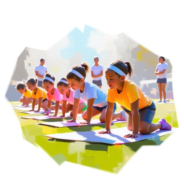 A group of children of diverse backgrounds focused on their fitness during an event. They are lined up on a grassy field, each children positioned on exercise mats as they practice renegade rows. The children are wearing colorful athletic clothing, with some sporting headbands and wristbands. Their expressions show determination and concentration as they engage in the exercise, balancing on their hands and feet while pulling weights towards their chests. In the background, a few cheerful adults are encouraging them, adding to the lively and energetic atmosphere of the event.