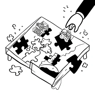 A jigsaw puzzle spread out on a wooden table, with pieces scattered around. Some of the pieces are upside down, showing "random scenes" like a bustling city street, a vast ocean with waves, a tranquil forest, and a starry night sky. Several pieces are attempting to connect but do not fit together, creating a sense of chaos. The edges of the puzzle are partially completed, leaving gaps where mismatched pieces are placed. A hand reaches out, trying to find the right fit among the scattered pieces.