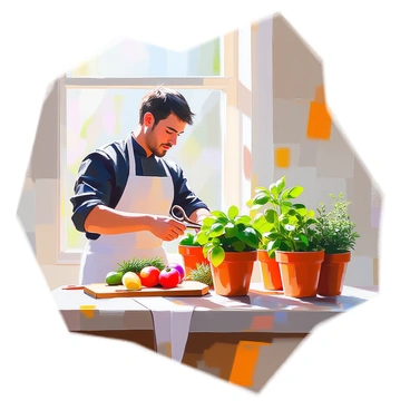 A chef with medium skin and short dark hair is standing at a kitchen windowsill, carefully harvesting fresh herbs from various pots. The pots are filled with vibrant green basil, rosemary, and thyme. The chef is wearing a white apron over a black shirt and is using a pair of scissors to snip the herbs with precision. Sunlight streams through the window, illuminating the colorful foliage and casting gentle shadows on the kitchen countertop. A chopping board and a selection of colorful vegetables are visible nearby, indicating the preparation of a delicious dish.