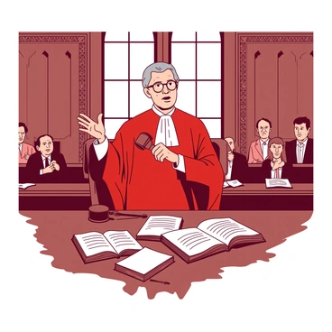 A red-robed judge is standing at a polished wooden bench in a historical courtroom. The judge has gray hair and wears round glasses, holding a gavel in one hand. Behind the judge, there are tall, arched windows allowing natural light to illuminate the room. On either side of the judge, there are ornate wooden panels displaying intricate carvings. In front of the judge, a jury sits attentively at their desks, while a few spectators are seated in the gallery. The judge is gesturing with the gavel, emphasizing important points about "the implications of the Gibbons v. Ogden case." Several books and legal documents are spread out on the desk in front of him, creating a scholarly atmosphere.