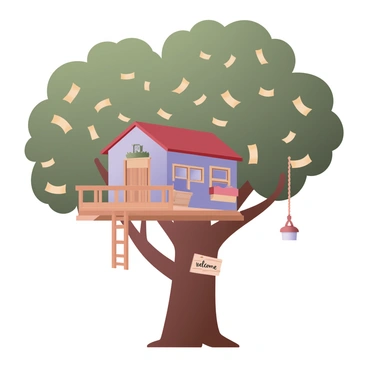 A digital flat illustration of a treehouse nestled among the lush green branches of a large tree. The tree's trunk is sturdy and brown, with vibrant green leaves spread out above. Instead of traditional fruit, the branches are adorned with fluttering dollar bills, each bill catching the light and creating a sense of movement. The treehouse is wooden, featuring a small balcony and a rope ladder hanging down. The walls of the treehouse are painted in a cheerful light blue, and there are windows with flower boxes beneath them. A small wooden sign on the treehouse reads "Welcome" in white letters.