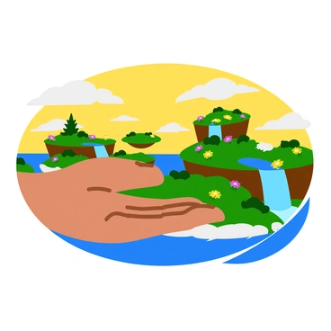 A large, human hand is shaping a vibrant magical landscape. The hand is positioned in the foreground, fingers gently curving as if molding the scene. In the background, there are multiple floating islands, each adorned with lush greenery and blooming flowers. Waterfalls cascade down from the edges of the islands, glistening in various shades of blue. The sky above is filled with soft, fluffy clouds, and a warm golden light bathes the entire landscape, emphasizing the enchanting atmosphere.