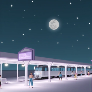 A train station illuminated by soft lights on a clear night. The platform is lined with vintage benches and a large purple sign displaying the train schedule. A sleek, silver train is pulling away from the station, its headlights shining brightly. The moon hangs low in the sky, casting a silvery glow over the scene, while twinkling stars are scattered across the dark blue backdrop. Passengers are scattered on the platform, some waving goodbye as the train departs, creating a lively yet tranquil atmosphere.